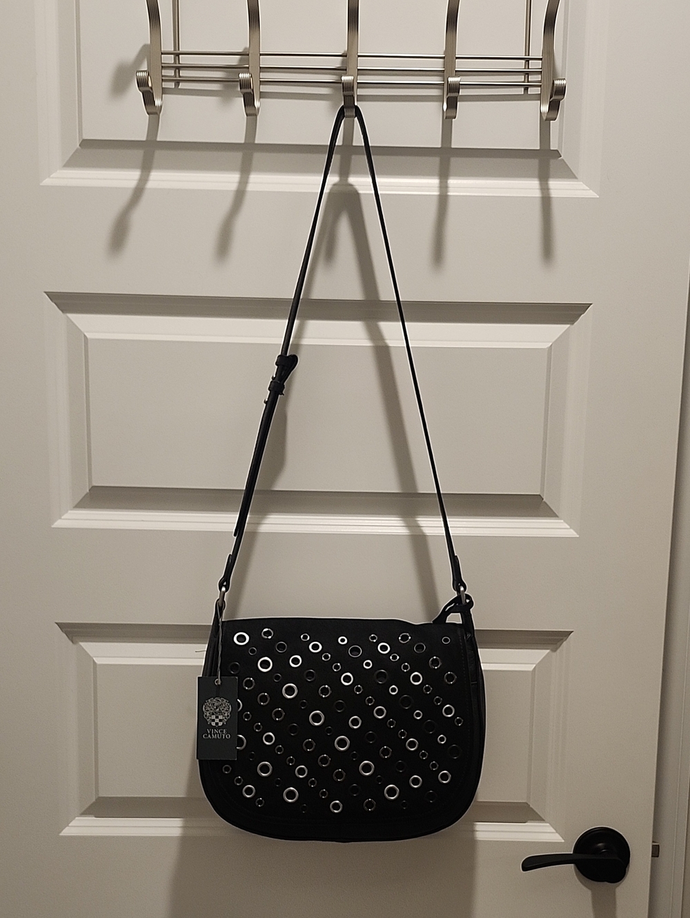 NWT Vince Camuto Black Leather Suede Crossbody Bag W/ Metal Ret $298